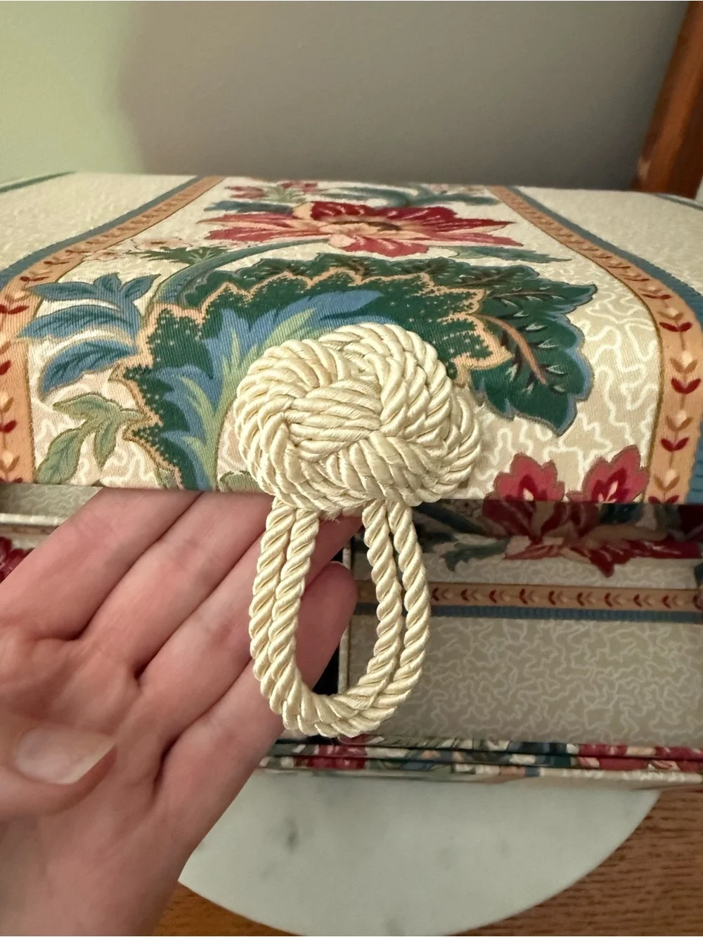 Vintage Rosenthal Fabric covered jewelry boxes photo storage rope detail floral